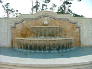 The trickle effect stone outdoor water fountains A impressive 28' dia. lower bowl with a 40' main catchment basin.